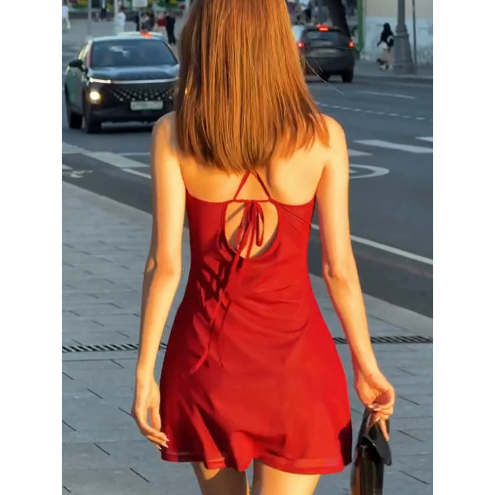 Zara Summer Solid Color V-Neck Slim Fit Street Backless Strappy Waist Dress